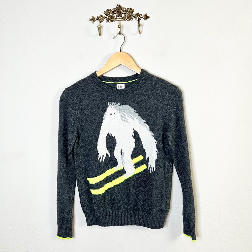 Gap Kids Boys Large 10 Yeti Skiing Sweater Charcoal Gray Wool Blend Intarsia